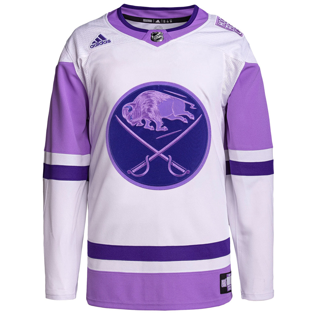 Buffalo Sabres Hockey Fights Cancer Primegreen Authentic Blank Practice Jersey - White/Purple