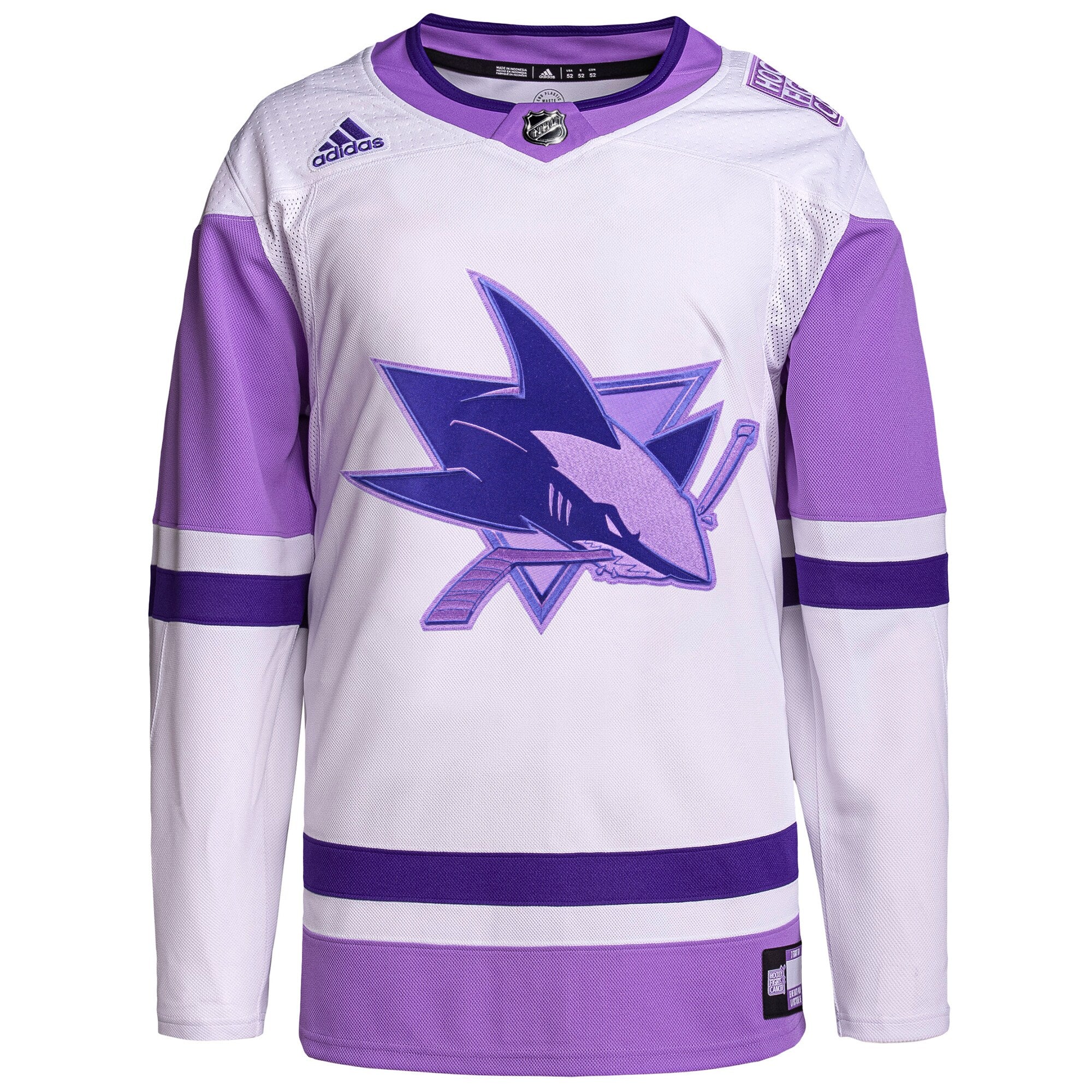 San Jose Sharks Hockey Fights Cancer Primegreen Authentic Blank Practice Jersey - White/Purple