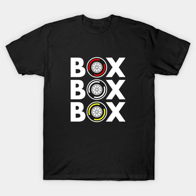 Box Box Box F1 Tyre Compound White Text Design T-Shirt