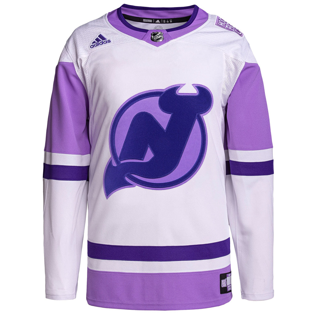 New Jersey Devils Hockey Fights Cancer Primegreen Authentic Blank Practice Jersey - White/Purple