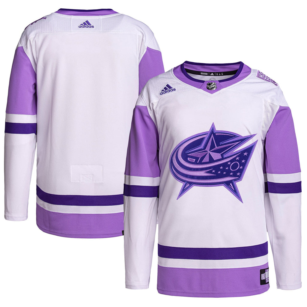 Columbus Blue Jackets Hockey Fights Cancer Primegreen Authentic Blank Practice Jersey - White/Purple