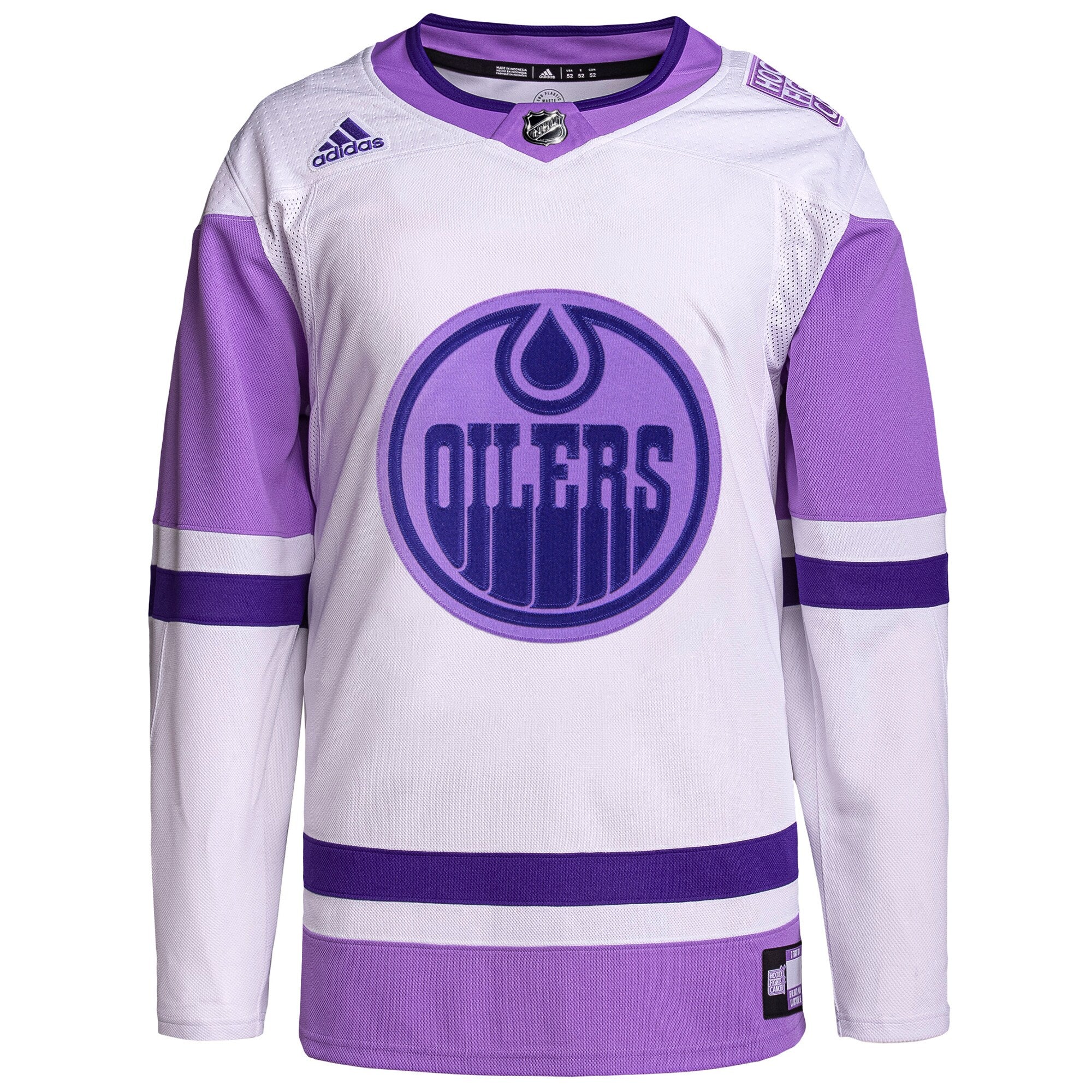 Edmonton Oilers Hockey Fights Cancer Primegreen Authentic Blank Practice Jersey - White/Purple