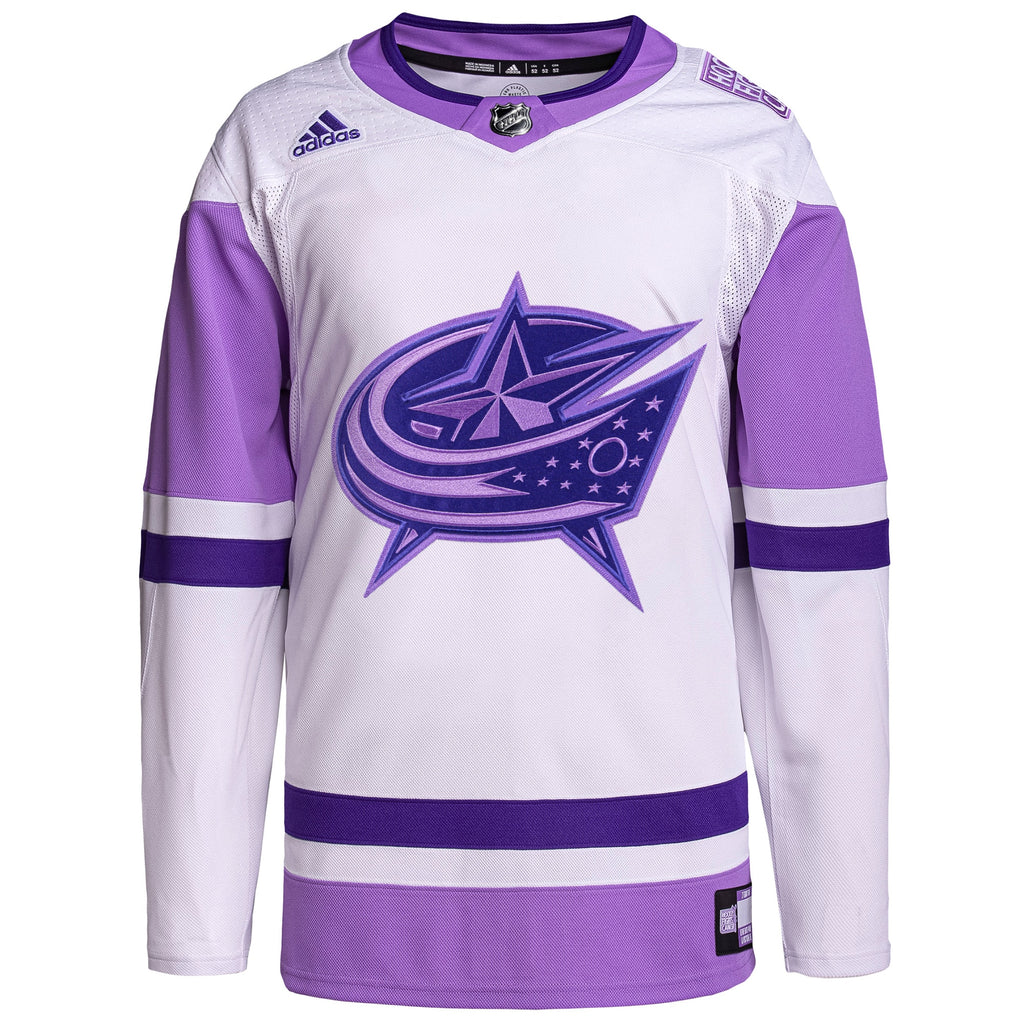 Columbus Blue Jackets Hockey Fights Cancer Primegreen Authentic Blank Practice Jersey - White/Purple