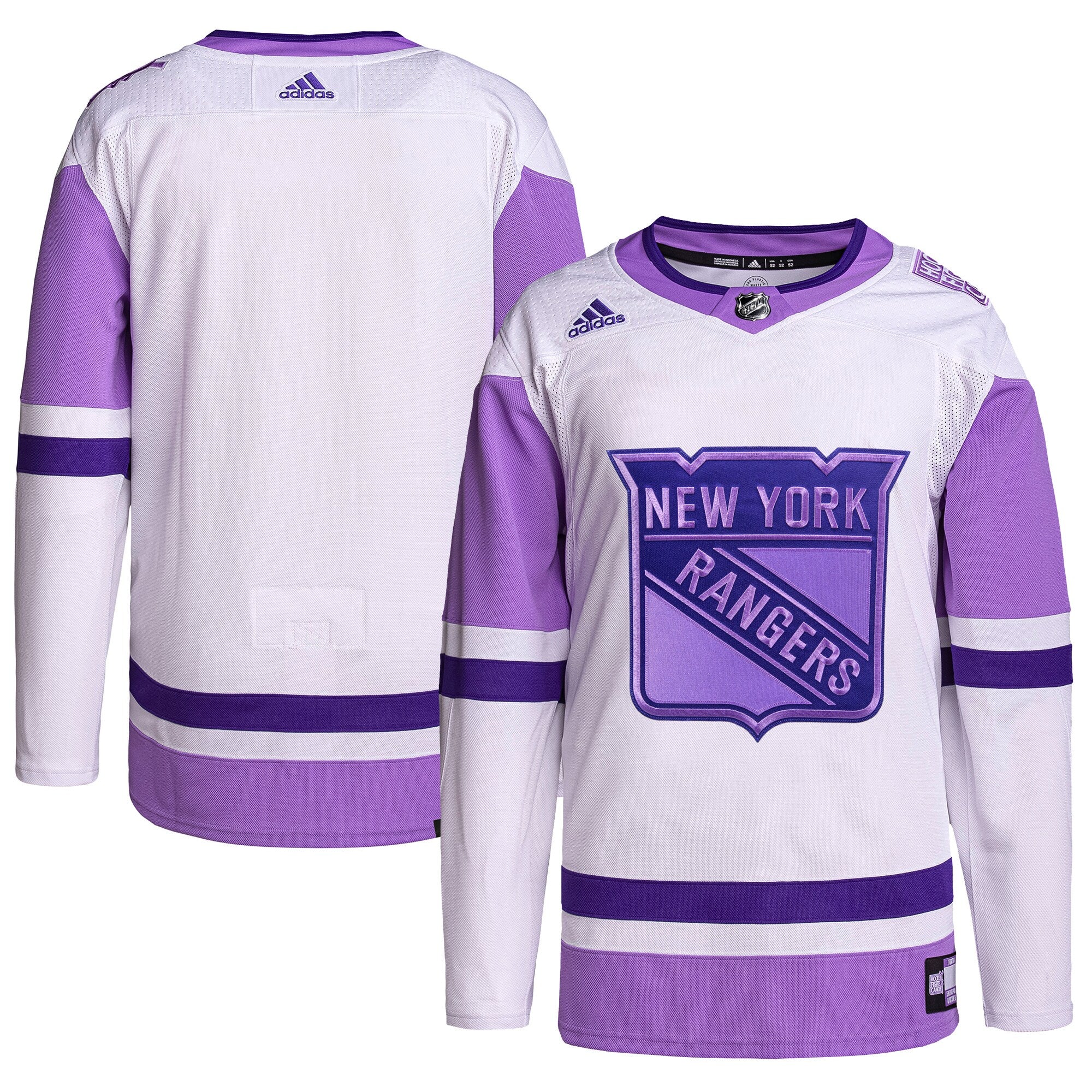 New York Rangers Hockey Fights Cancer Primegreen Authentic Blank Practice Jersey - White/Purple